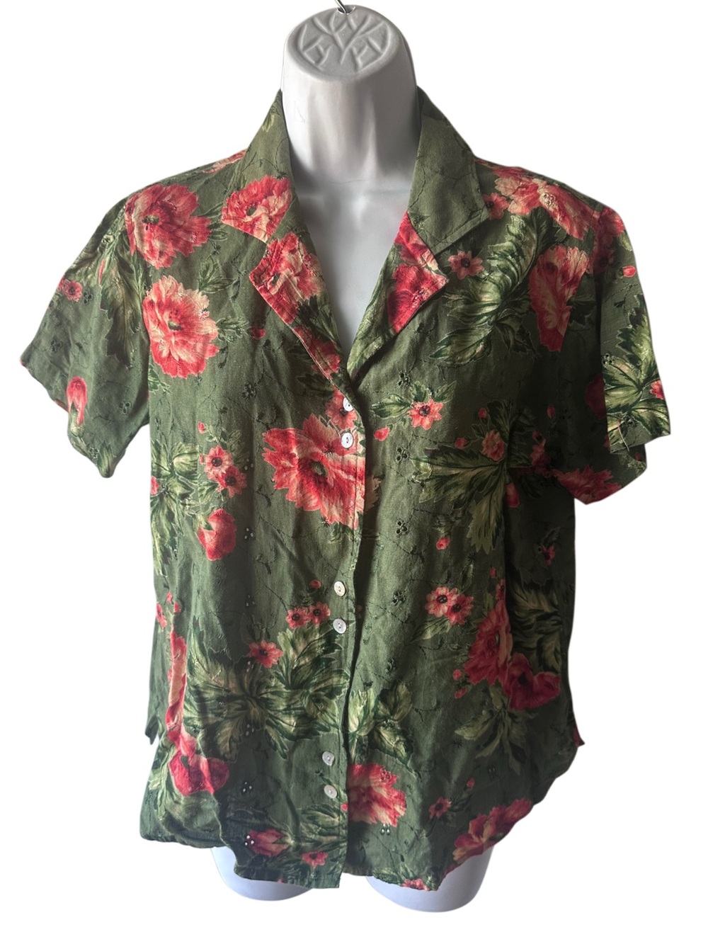 Lemon Grass Studio Green Floral Linen Blend Eyelet Hawaiian Shirt S